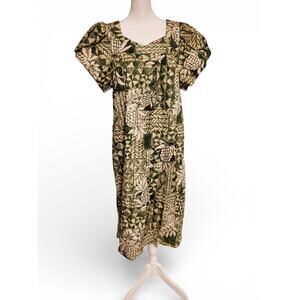 Jade Fashions Made In Hawaii Green Ivory Pineapple Short Sleeve Midi Dress